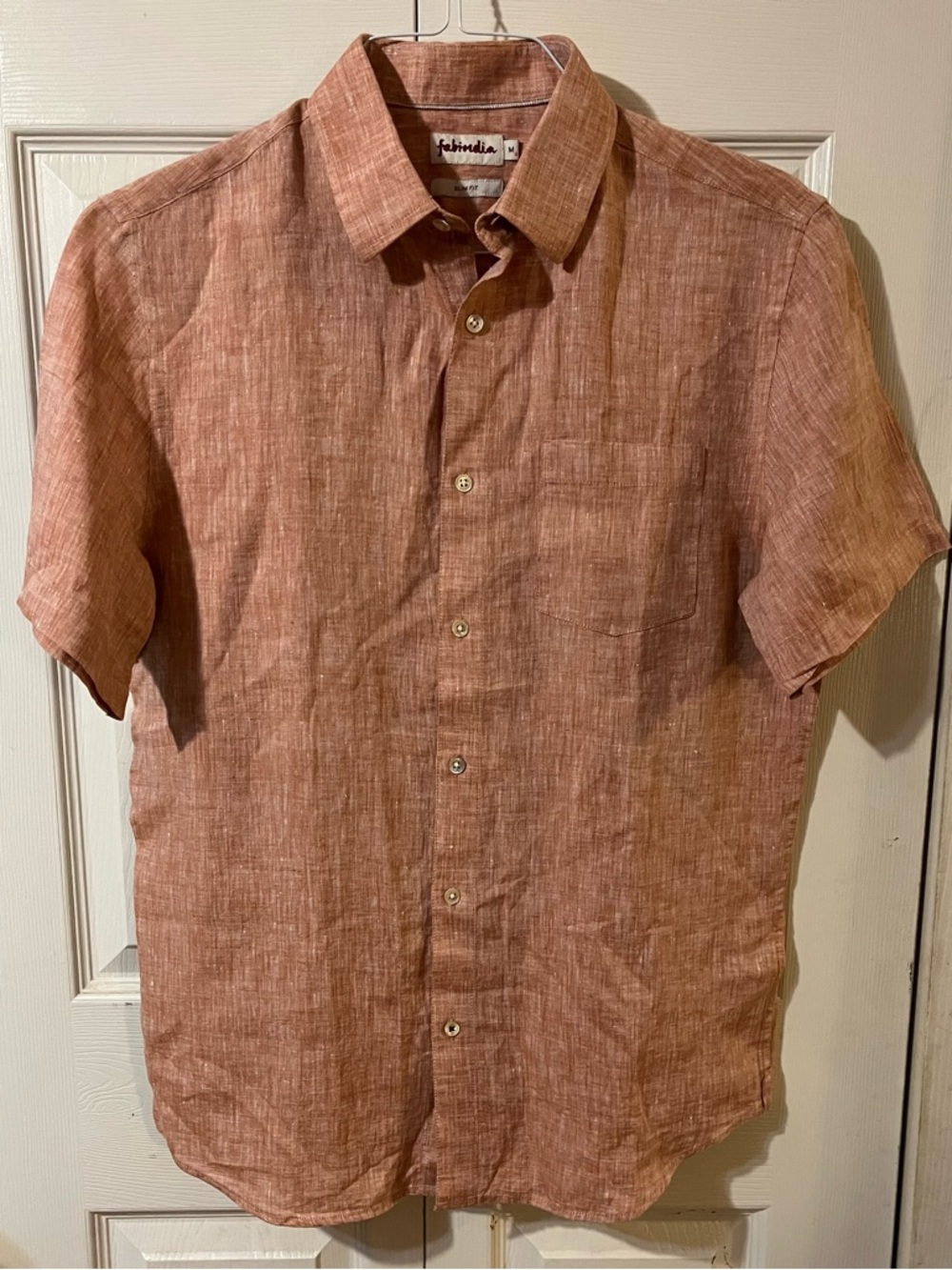 Fabindia Men’s Short Sleeve Slim Fit  Button Up Linen Made In India Shirt Red M